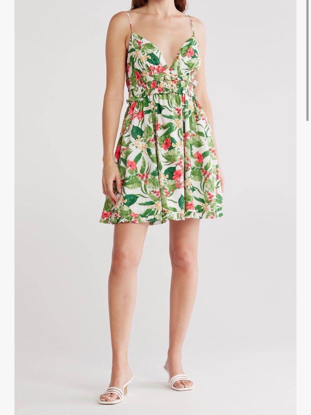 Wayf Green Floral Spaghetti-Strap Mini Dress